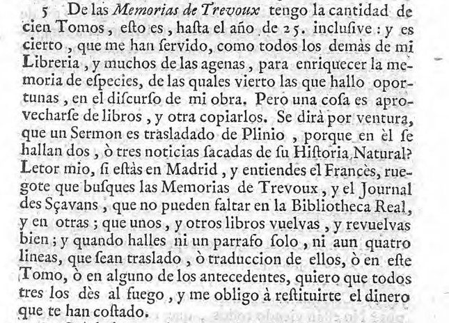Feijoo's challenge in the prologue of volume III, first edition of 1729, with the passage underlined