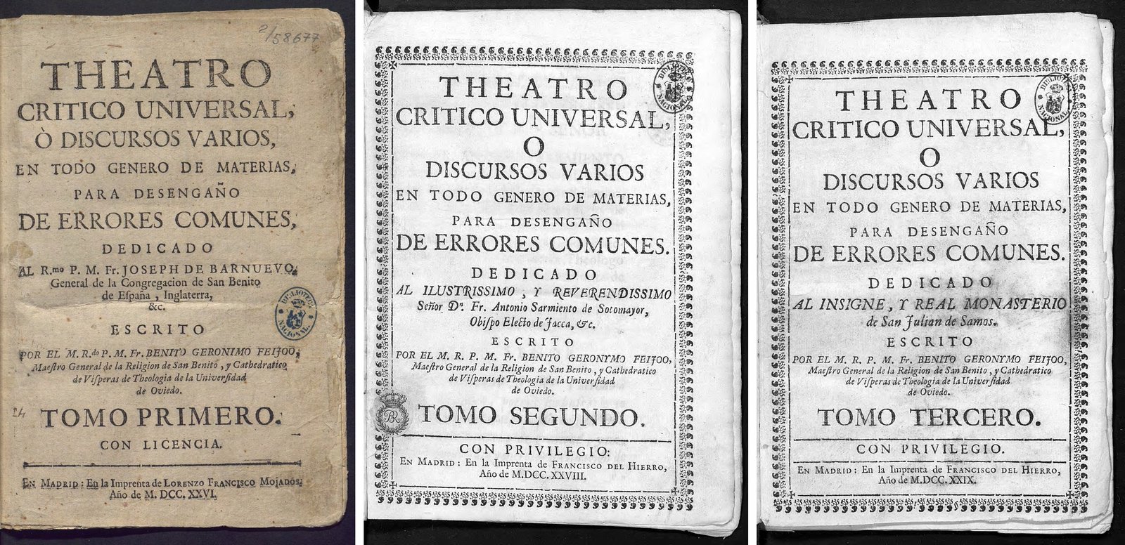 Title pages of the first three volumes of the Teatro crítico universal