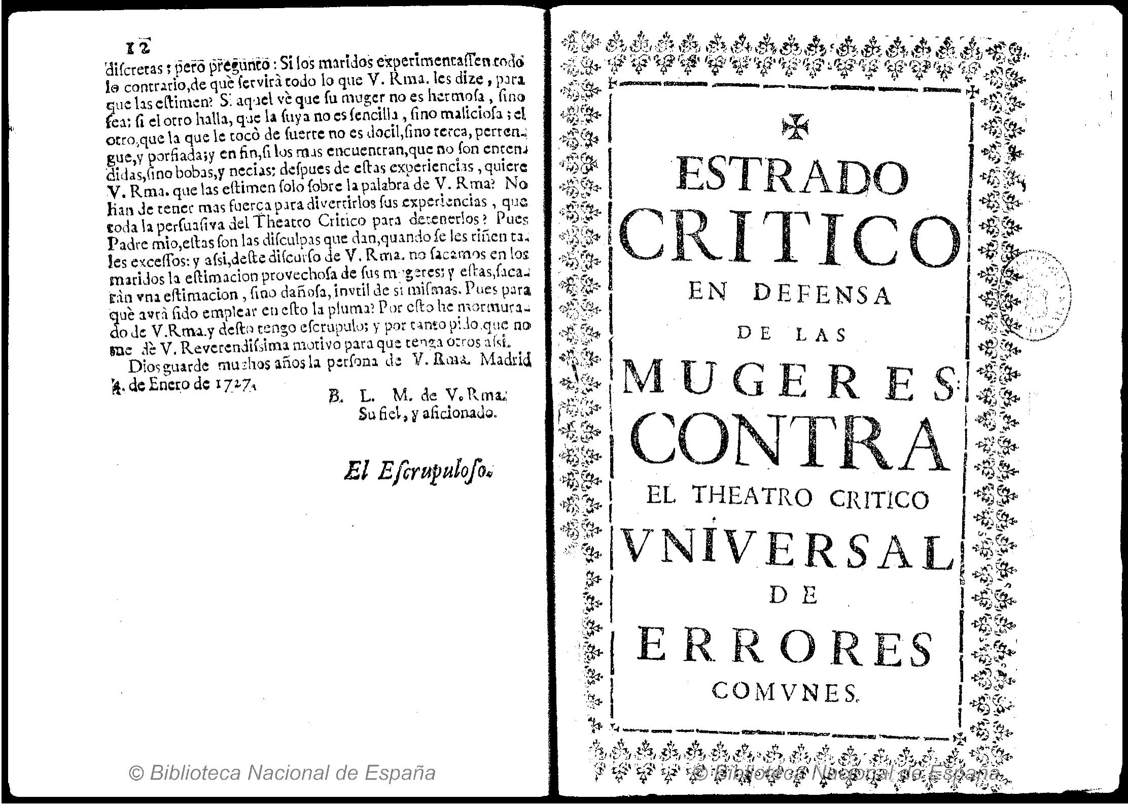 Title page of the Estrado crítico en defensa de las mujeres contra el Teatro crítico universal, 1727
