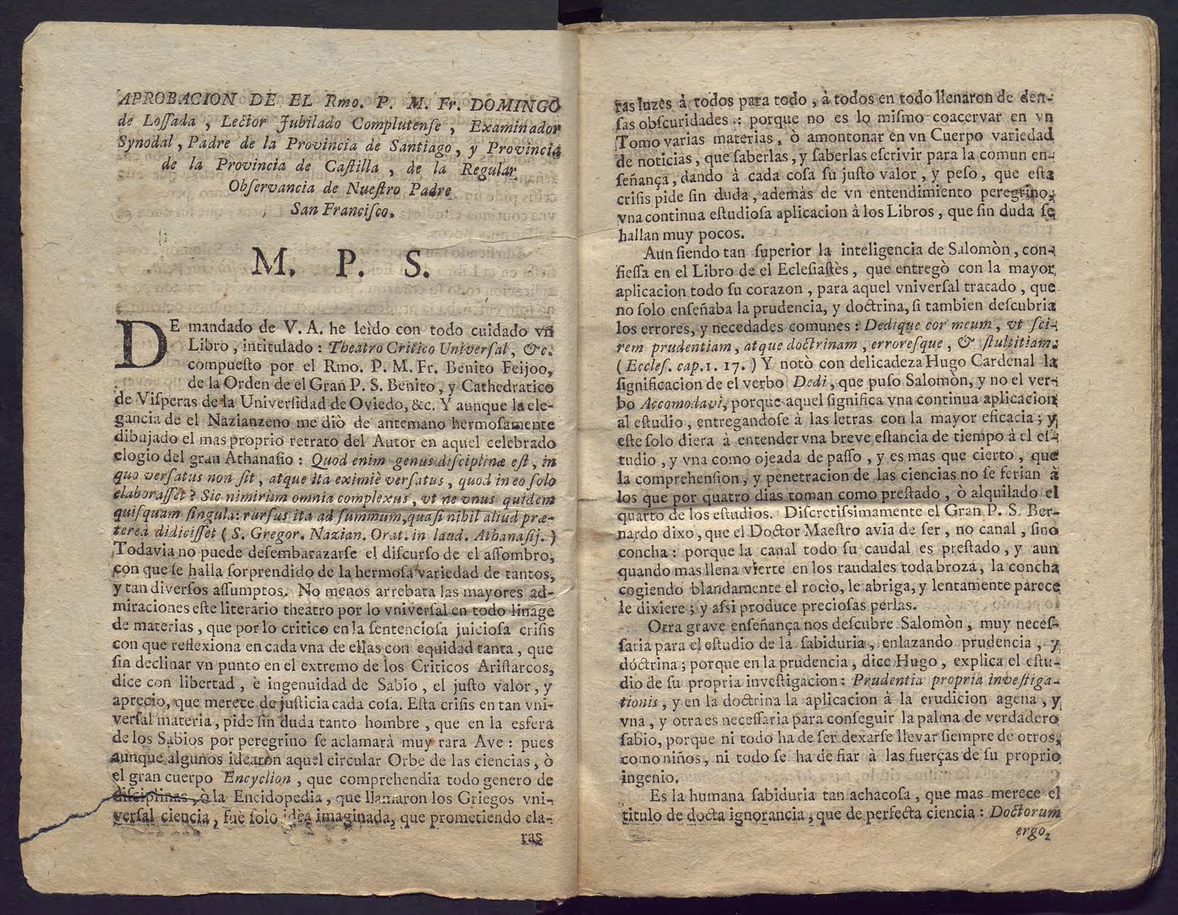 Approval by Domingo de Lossada in the preliminaries of volume I