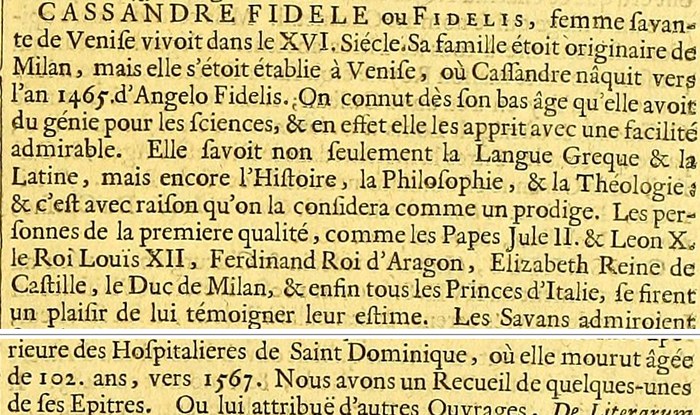 Moréri clipping: the learned Italian women (Casandra Fidele) (O508)